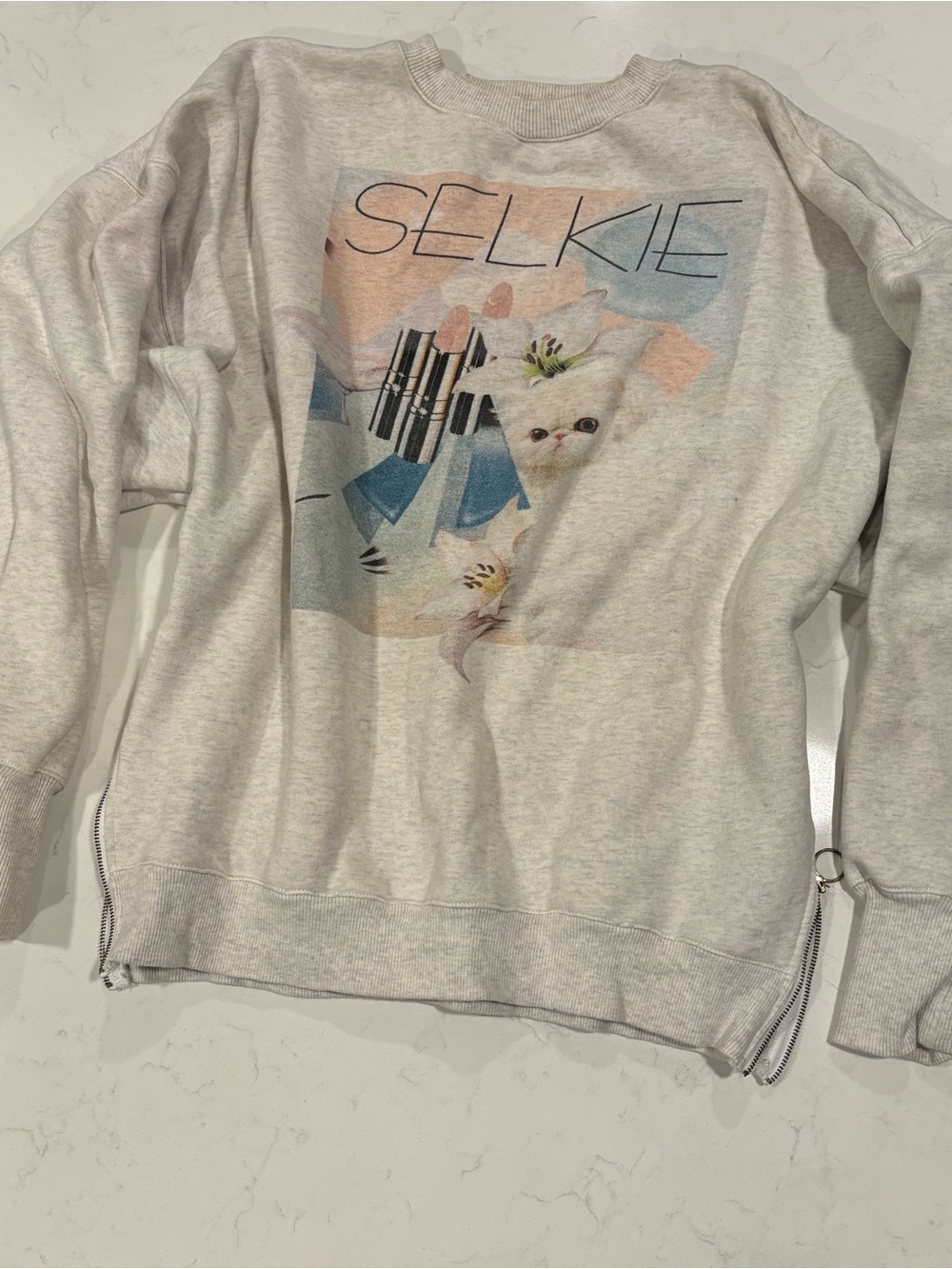 Selkie Crewneck Sweatshirt in Heathered Cream with Pastel Pink Logo
